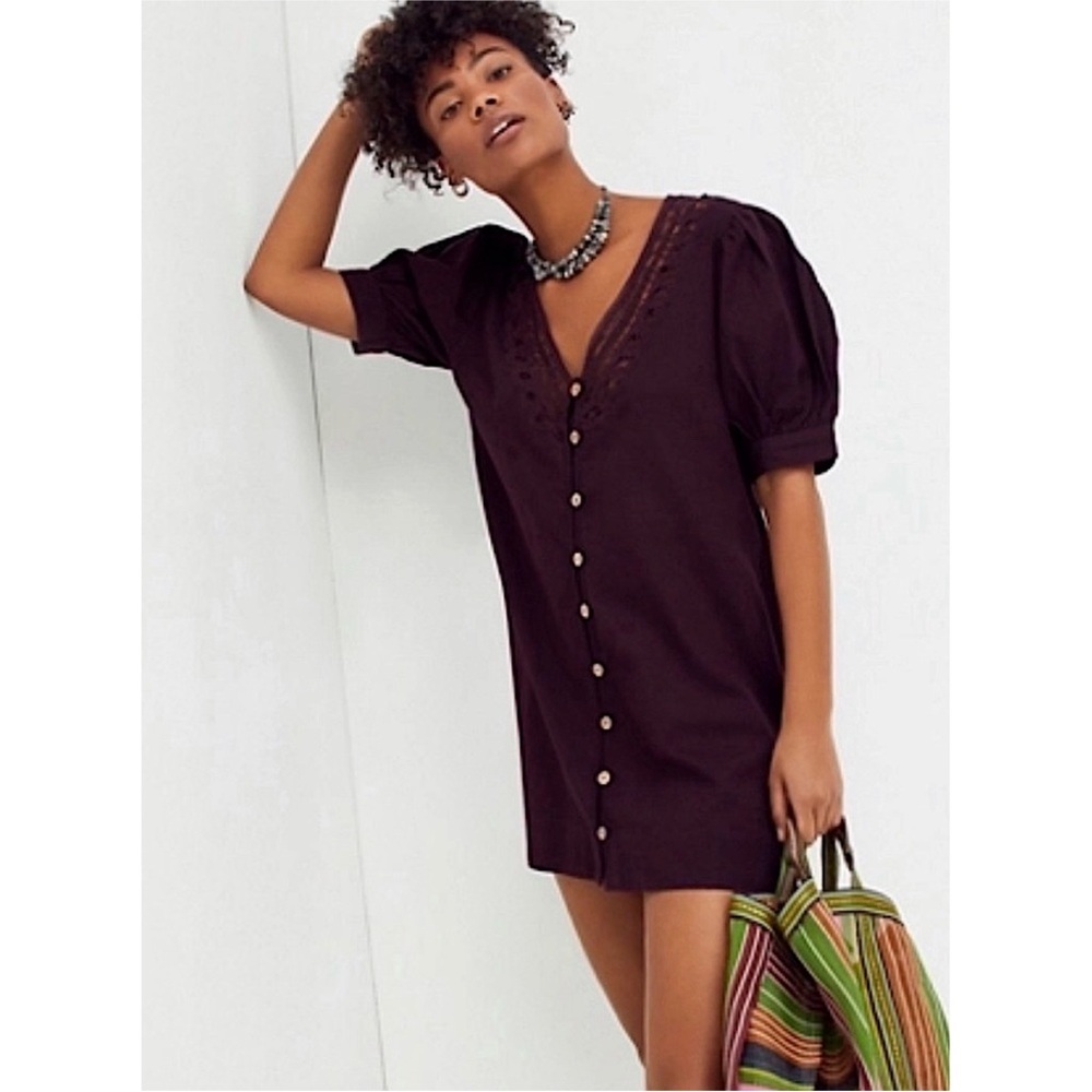 Free People Mari Crochet V-Neck Button-Up Mini Dress Burgundy Medium